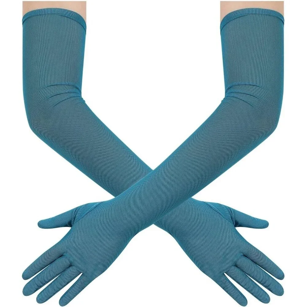 Women's Tulle Mesh Teal Long Stretchy Gloves Halloween Party Wedding Costume